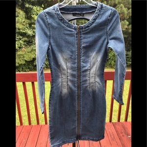 MIND CODE BLUE JEAN DRESS FRONT ZIPPER LONG SLEEVE